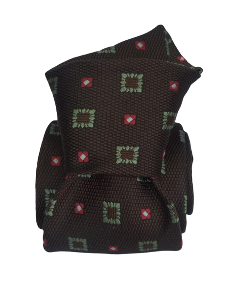 Printed Silk Tie - Brown with Pistachio Squares