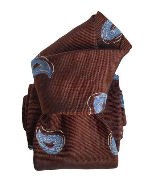 Printed Silk Tie - Brown with Sky Blue Paisley