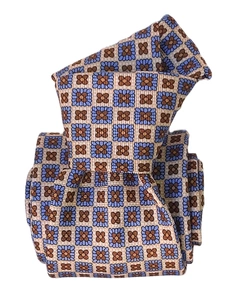 Printed Silk Tie - Coffee with Blue Squares