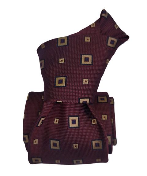 Printed Silk Tie - Burgundy with Light Brown Squares