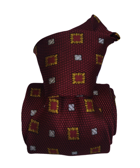 Printed Silk Tie - Burgundy with Golden Squares