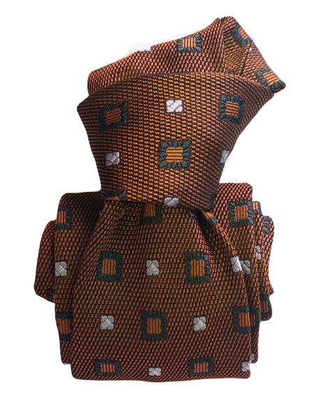 Printed Silk Tie - Light Brown with Bottle Green Squares