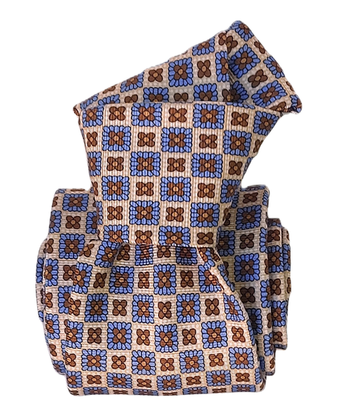 Printed Silk Tie - Coffee with Blue Squares