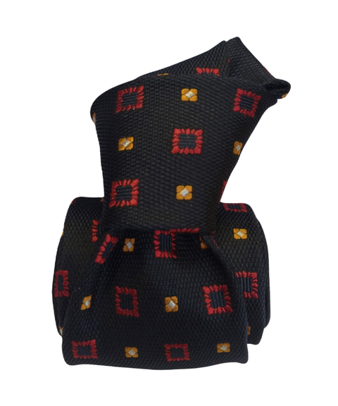 Printed Silk Tie - Navy with Burgundy Squares